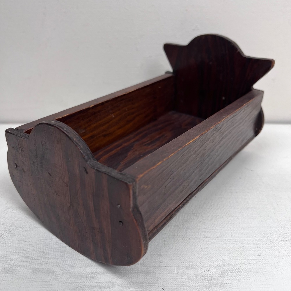 Vtg Handmade Wooden Doll Cradle Dark Brown Rustic Rocking Miniature Bed READ